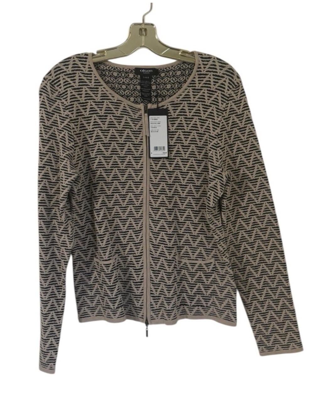 Olsen Europe Women’s Zip-Front Patterned Cardigan in Beige and Black